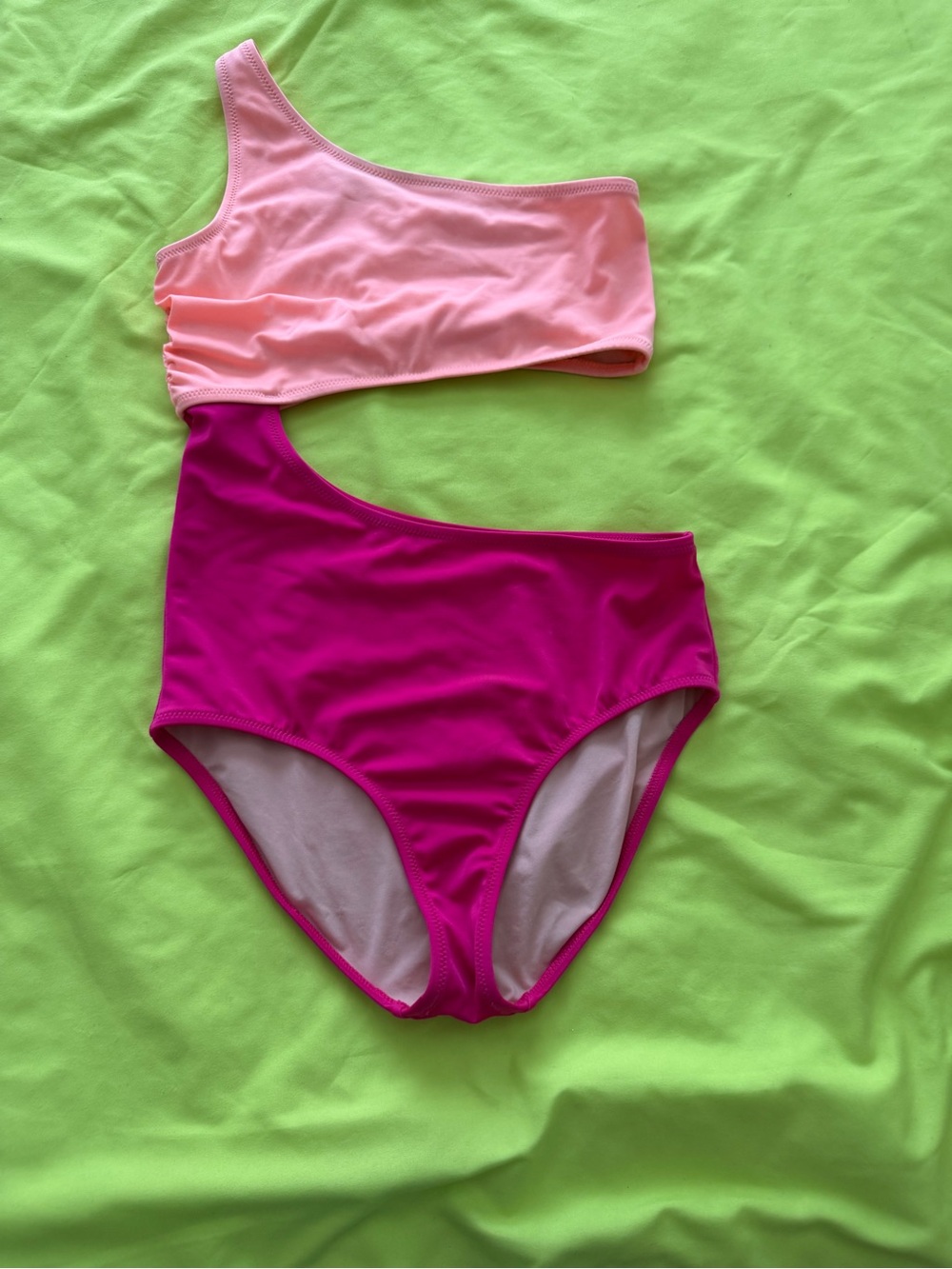 Crewcuts Girls Two-Tone One-Shoulder Swimsuit in Light Pink and Fuchsia